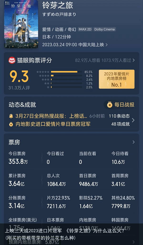 上映三天成2023进口片冠军 《铃芽之旅》为什么这么火？(刚买的带根带芽的铃兰花怎么种)