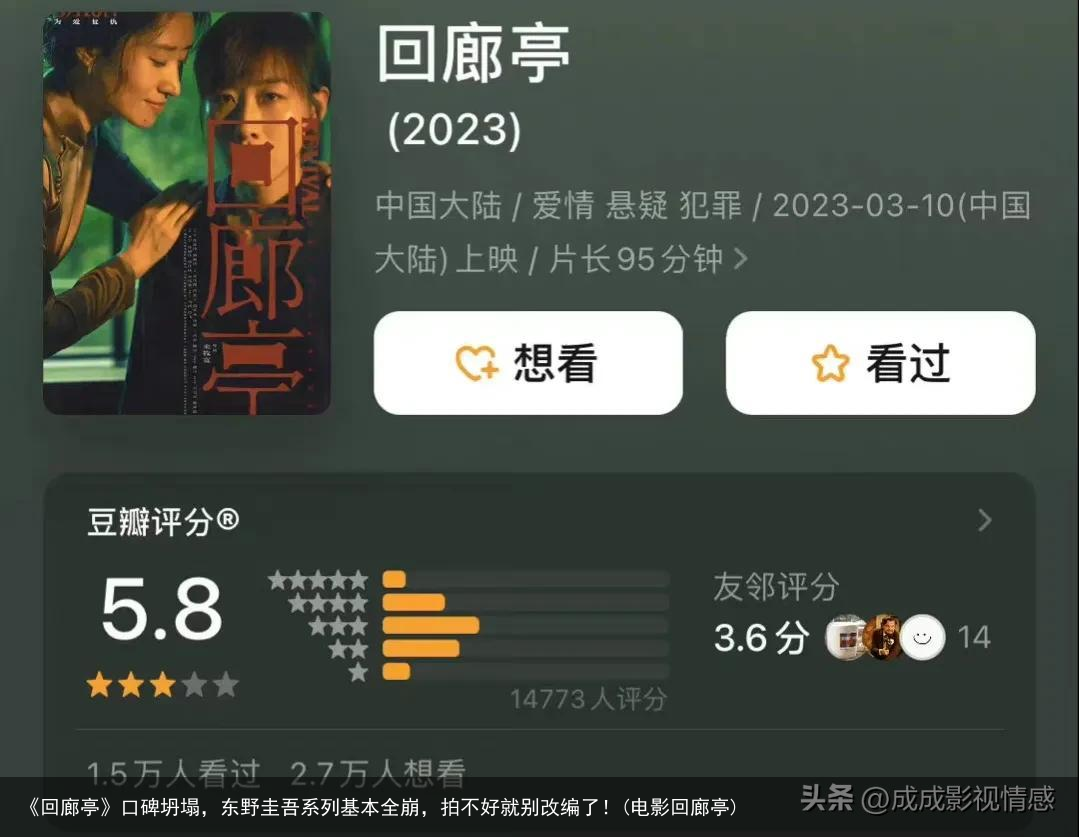 《回廊亭》口碑坍塌，东野圭吾系列基本全崩，拍不好就别改编了！(电影回廊亭)