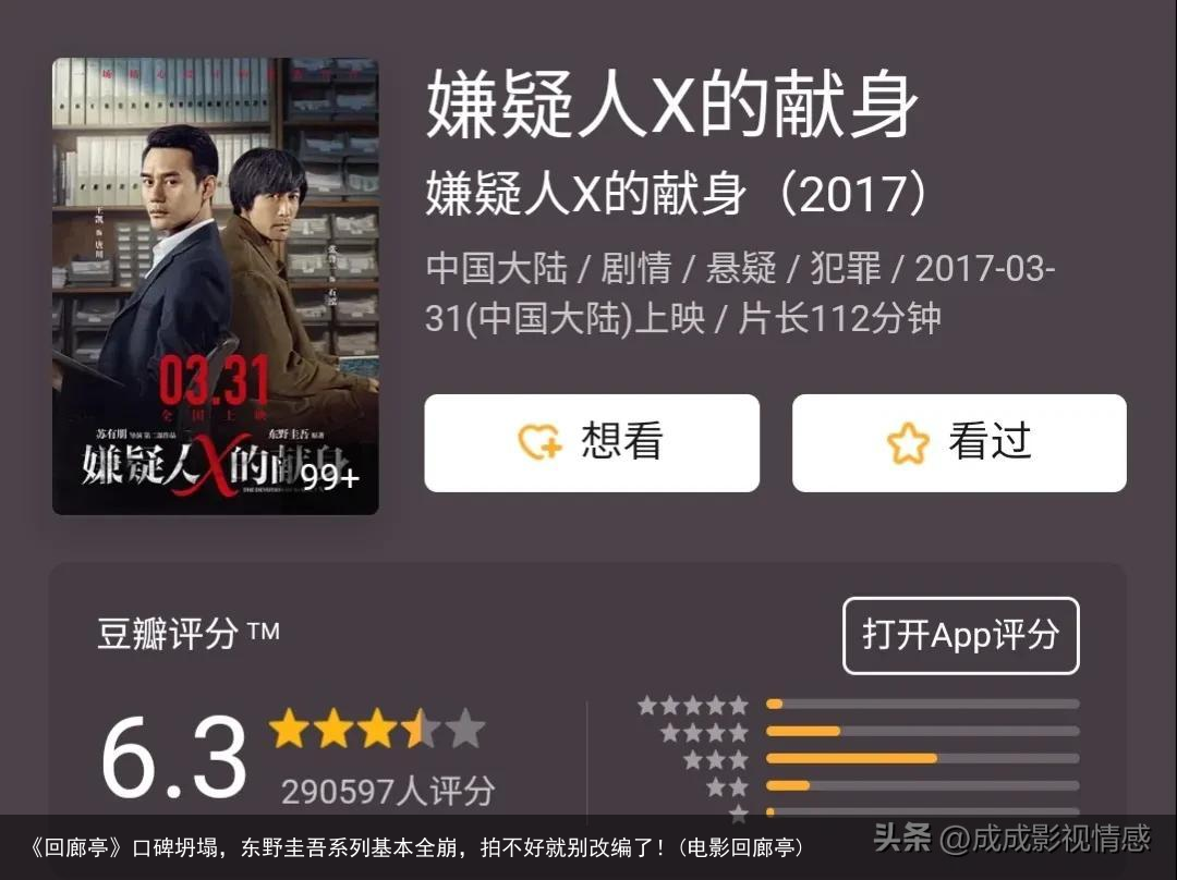 《回廊亭》口碑坍塌，东野圭吾系列基本全崩，拍不好就别改编了！(电影回廊亭)